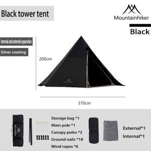 Mountainhiker Outdoor Camping 3-4Ppl Anti-UV Waterproof Double Layer Black Tower Vinyl Canopy Tent  Pyramid Tent