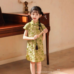 Kids Cheongsam Girls Slim Chinese Style Stand Collar Short Sleeve Dress Traditional Vintage Qipao United Nation Costume 2-11Years