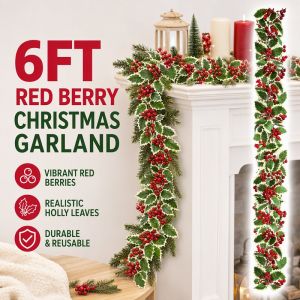Artificial Red Berry Christmas Garland Holly Hanging Decor For Mantel Table Holiday Party Decor