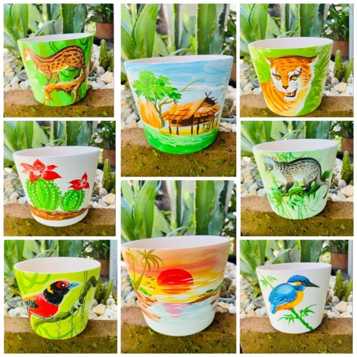 กระถางดินเผาทรงโมเดิร์นวาดลายเพ้นท์มือสีขาวดำ