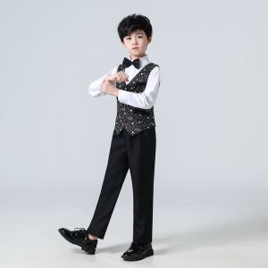 LOlanta Kids Boys Formal Vest Suits Long Sequined Performance Outfit Girls Mesh Princes Dress Birthday Wedding Party Piano Performance Wear 3-14Years