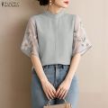 ZANZEA Korean Style Women Stylish Stand Collar Short Sleeve Blouses Floral Print Patchwork Daily Top #1201. 