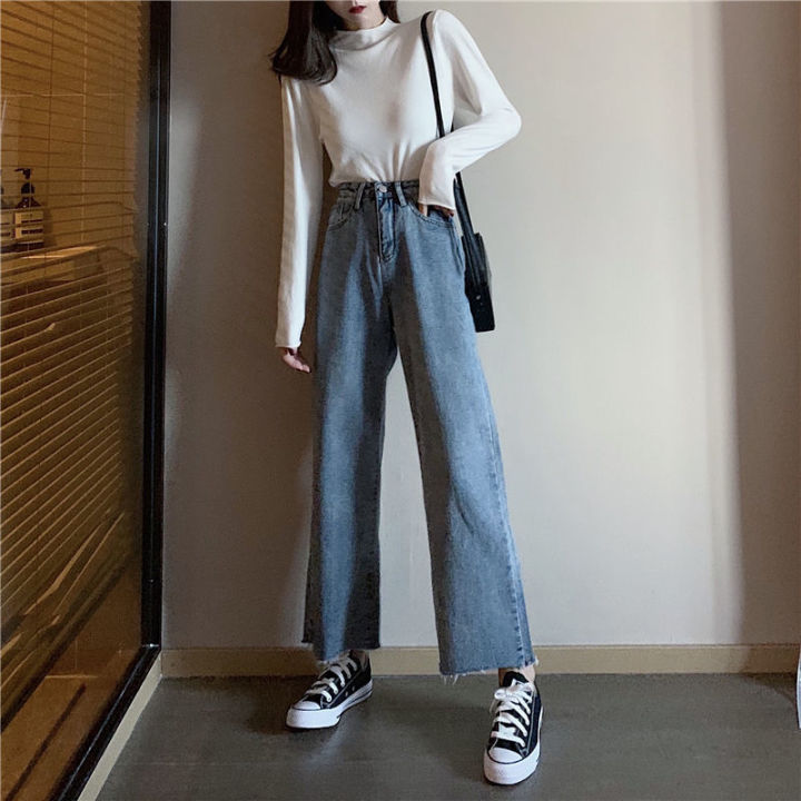 Cheap Summer Women's High Waist Was Thin Wide Leg Jeans Straight Loose  Korean Style Pants