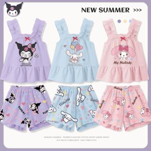 Anime Sanrio Kuromi Summer Pajamas Child Girls My Melody Cinnamoroll Cartoon Cotton Sleepwear Sleeveless Thin Princess Home Wear