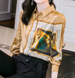 AMMIN Long Sleeve Printed Silk Shirt For Women New Satin Simple Lapel Printed Mulberry Silk Top Lady Casual Commuting Blouse