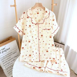 Pajamas womens pure cotton summer casual cotton crepe short-sleeved shorts loungewear suit can be worn outside summer thin