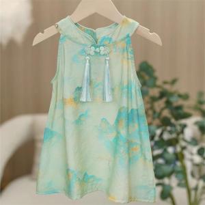 2024 Thin Childrens Sito Qipao New Chinese Hanging Neck Horse Face Dress Fashionable Princess