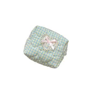 MAOMEI Nơ trái tim ren Túi đựng mỹ phẩm cầm tay Kẻ sọc Gingham Chần bông Ví đựng tiền xu có khóa kéo Nữ tính Khóa kéo Túi đựng mỹ phẩm mini Du lịch