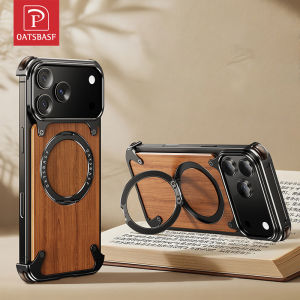 OATSBASF Metal Phone Case Wood Panel Bumper Phone Shell with 360° Stand for IPhone 17 Pro Max/17 Pro/17 Air