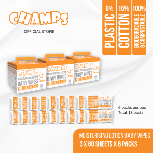 CHAMPS MOISTURISING LOTION BABY WIPES 3 X 60S x 6 PACKS CP4034(18 pack)