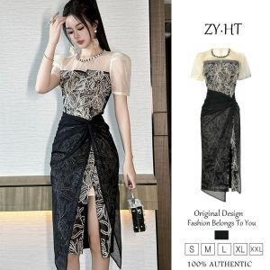 ZYHT ชุดเดรสผู้หญิงชุดสีดำชุดลูกไม้แต่งตัวตัดสะโพกชุดเดรสออกงานชุดเดรสแต่งงานหรูหราชุดเดรสปาร์ตี้ชุดราตรี51280