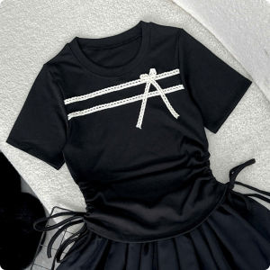 Set áo váy bigsize nữ Áo tay ngắn phối ren viền nơ rút dây kèm chân váy bí xòe dễ thương - SET841