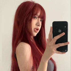 Tóc giả nữ nguyên đầu mái bay màu đỏ tự nhiên phong cách hot girl mô phỏng tóc thật ngọt ngào tóc thẳng dài kiểu đội nguyên đầu.