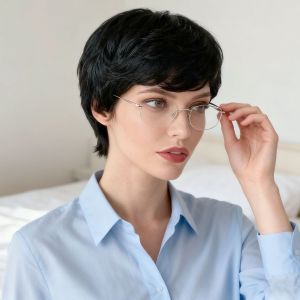 Middle-aged and elderly wigs womens short curly hair chemical fiber full head cover fashionable mothers short hair oblique bangs breathable whole wig