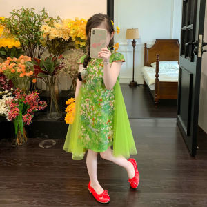 Little DR Cheongsam Kids Girls Teenage qipao Hanfu Dress Summer Green Printed Chinese New Years Traditional Clothes Teens Children Baby Princess Skirt baju budak perempuan