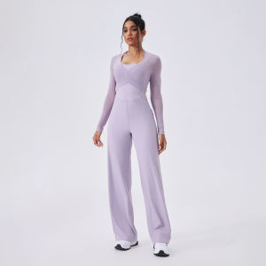 Womens Sportswear New One-piece Yoga Suit Autumn and Winter Fitness Suit Womens One-piece High-waist Straight Yoga Suit Slimming Mesh Long-Sleeved Top for Women