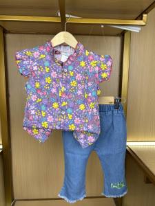 KID FASHION Setelan Anak Perempuan Lengan Pendek Set Anak Cewek Katun Bunga Print Kasual Style Usia 1-4 Tahun