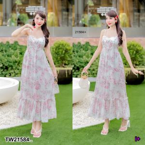 TW21584 เดรสยาว แขนกุด กระโปรงจีบทวิส ..