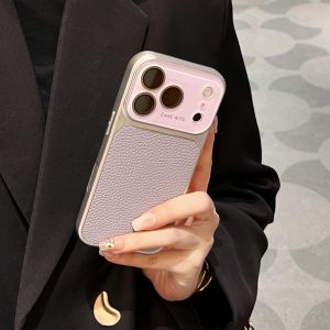 Original Luxury Lychee Leather PU Texture Phone Case For iPhone 17 16 15 14 Pro Max 13 Frosted Bumper Large Window NonSlip Cover