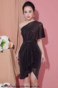 MYDU SHOP | MS 2318 – Đầm Thun Nhũ Cổ Xéo Một Vai Tay Ngắn Váy Dún Quyến Rũ
