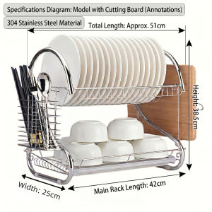 LOADNIX 304 Stainless Steel Dish Rack 2 Tier Countertop Dish Drainer with Utensil Holder Removable Drain Tray Plate Bowl Cup Organizer Kitchen Storage Rack