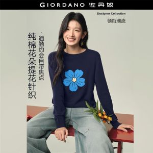 Giordano Women Contrast floral jacquard cotton sweater Free Shipping 18356720