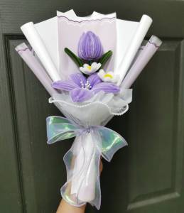 ช่อดอกไม้ ลิลลี่+ทิวลิป ช่อมินิ ดอกไม้ลวดกำมะหยี่