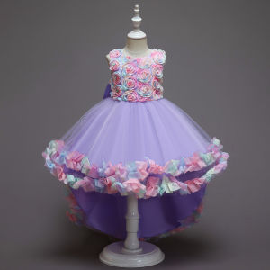3 Color 5 SizeGirls Princess Dress for Kids Girl Bow Flower Girls Dress 3D Rose Colorful Trailing Sleeveless Girls Dress Birthday Party Girls Wedding Dress Photoshoot Costume Age 3 4 5 6 7 8 9 10