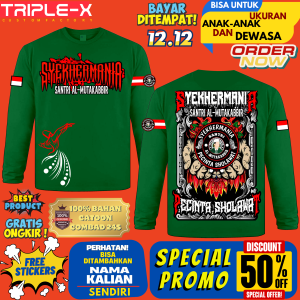 KAOS SYEKHERMANIA"SANTRI AL-MUTAKABBIR"LENGAN PANJANG UKURAN ANAK DAN DEWASA"FREE STIKER"