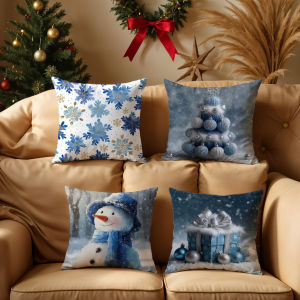 Christmas Pillowcase Single Pack 25 Options 40x40/45x45/50x50cm Blue Snowman Gift Snowflake Pattern Sofa Cushion Cover Winter Home Decoration Pillowcase Nordic Style Fabric Gift