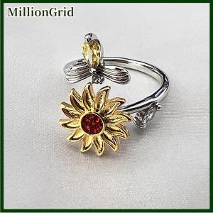 MillionGrid Opening Adjustable Spinning Sunflower Bee Release Stress Ring Rotatable Zircon Copper Finger Ring For Women Fashion Jewelry