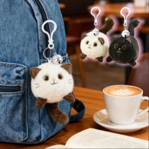 BERMA BABY Kawaii Cat Plush Keychain with Drawstring Wagging Tail & Squeaking Design Cartoon Bag Charm Gift