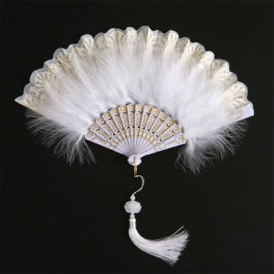 Lolita Feather Folding Fan Japanese Sweet Fairy Girl Dark Gothic Court Dance Hand Fan with Pendant Gift Wedding Party