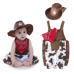 0-10Y Baby Boy Clothes Costume Infant Toddler Cowboy Set 3Pcs Hat Scarf Romper Halloween Event Birthday Holiday Cosplay Outfits