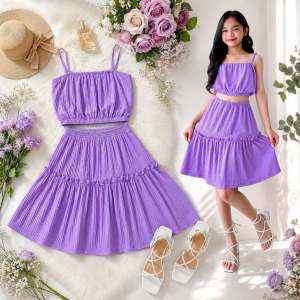 Laurice Nancy Coord Set - Fashionable Trendy Sleeveless Top & Layered Ruffle Skirt for Kids Ages 7-12 Girls Bark Crepe Fabric Stretchable Comfortable Unique Stylish Design