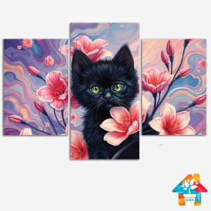 RUNABEE HIASAN DINDING KUCING HITAM SET BESAR 3 IN 1 ABSTRAK CAT FLOWER PAJANGAN KAYU MINIMALIS