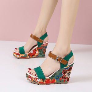 [Free Shipping] New Plus-Size WomenS Shoes High-Heeled Sandals WomenS Wedge Heels With Embroidered Details Single-Strap Design Open-Toe Style And Thick Soles