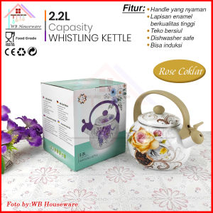 teko bunyi enamel motif bunga rose 2200ml / whistling kettle