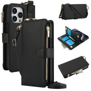 Card Slots Zipper Leather Wallet Case Flip Phone Case for IPhone 18 17 Air 16 15 14 13 12 Pro Max Plus Promax Ring Lanyard Purse2026