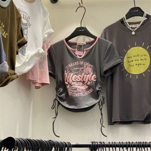 LS Show Childrens T-shirt Female Korean Summer Student Short Letter Ice Silk Drawstring V-neck Tight Elastic Short Sleeved T-shirt Top