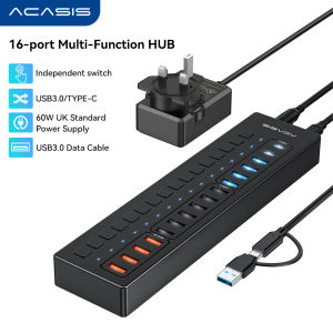ACASIS 16 Port Hub Splitter (6 USB 3.0 + 6 USB 2.0 + 4 Smart Charging) with individual LED on/off switch With 60W Power Adapter DS516