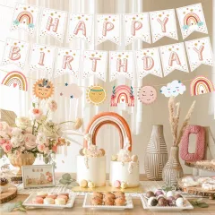 JOYMEMO Boho Rainbow 1st Birthday Decorations, Bohemian Rainbow Balloon  Garland Kit Boho Rainbow One Backdrop for Girls First Birthday Party  Supplies