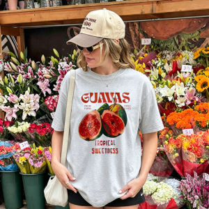 [Local Stock] HBESTY  Women Tropical Guavas Fruit Print Crew Neck T Shirt Cotton Tee Summer Vacation Casual Daily Basic Top Ladies Fashion Blouse Tees