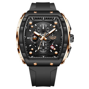 LIGE Fashion Men Watches Luxury Square Silicone Military Quartz Waterproof Chronograph Watch For Men + Box