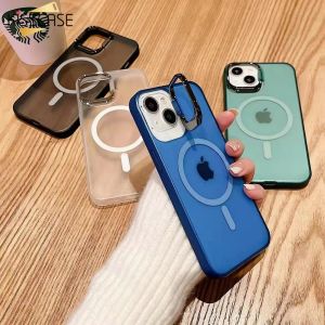 【With Bracket】 KISSCASE For iPhone15 14ProMax Metal Invisible Magsafe Wireless Charging Frosted Matte PC Back Cover Mobile Phone Shell Cover Case For Apple15 Pro Max 14 Plus 13 12 Case