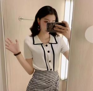 Fashion elegant stretchable knitted polo shirt for women korean style soft knitted cardigans white knitted blouse trendy office lady