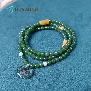 Vòng chuỗi 108 hạt Ngọc Bích Nephrite size 5 li phối Charm Khoá Trường Mệnh Lam Ngọc phong thủy bình an tài lộc | Hoa Minh Gem