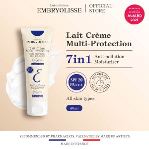 Embryolisse Lait-Creme Multi-Protection 40ml – 7 IN 1 : Pelembab Moisturizer Wajah + Makeup Cleanser Remover + Makeup Base Primer + Masker + Suncare + Cream After Shave + SPF20  Sun & Blue Light Protection - Rekomendasi MUA dan Artist Hollywood - 1x