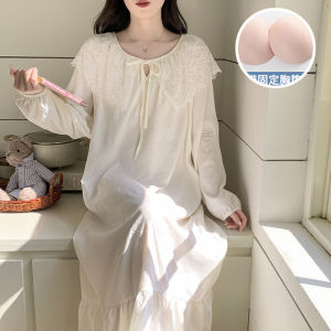 Cloud Cotton Pajamas for Women Spring Autumn Nightie with Chest Pads Sweet Doll Collar Long Sleeved Nightdress Princess Style Home Clothes Can Be Worn Outside