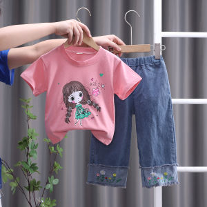 setelan anak bayi cewek kaos dan celana denim lengan pendek usia 1-5 tahun anak perempuan